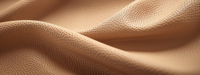 porous rough beige ocher faux leather. Textured dense fabric draped with folds and waves. horizontal background or backdrop