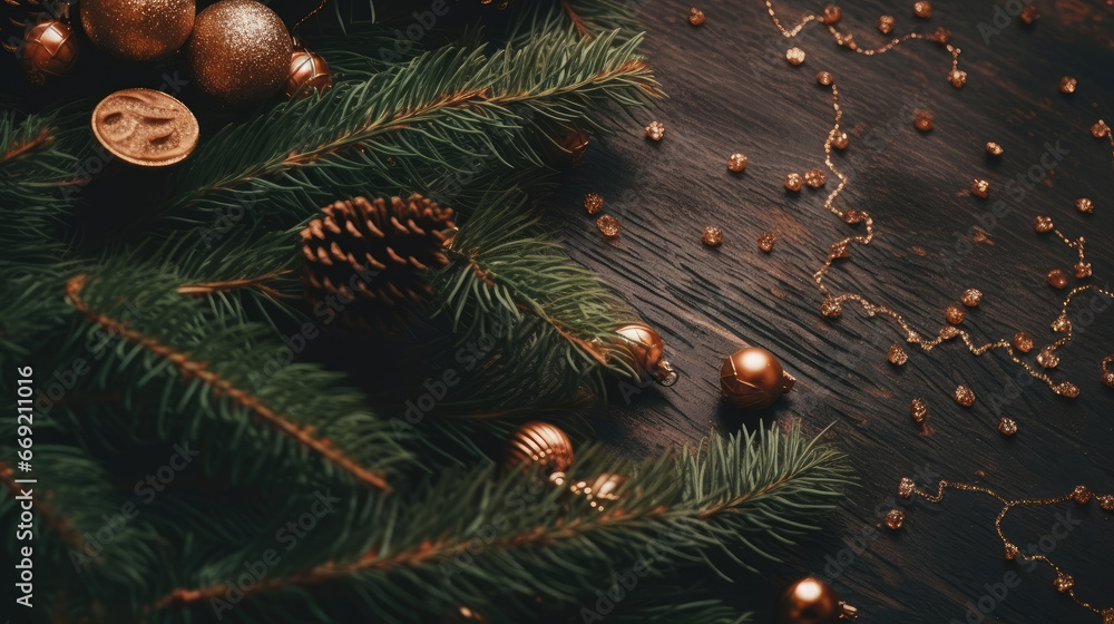 Aufkleber christmas background with fir tree and decor. top view with copy space.