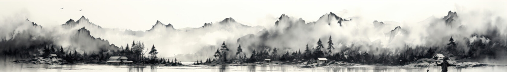 Black ink paint of lake and mountains. Oriental  minimalistic Japanese illustrative style. copyspace for your text. © Sabrewolf