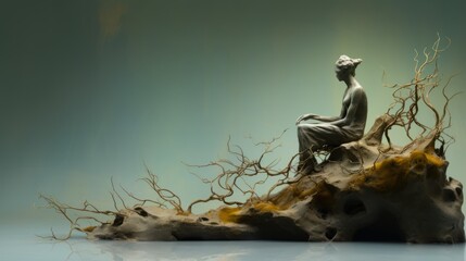 a massive figure, surreal obscurity, overgrown oxidized brass