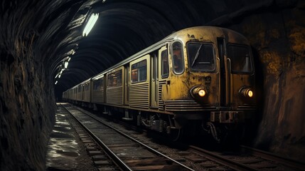 Fototapeta premium abandoned subway train in a tunnel section cut