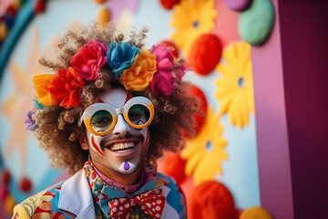 A carnival-goer dressed as a whimsical character, love and creativity with copy space