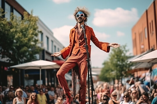 A charismatic street performer on stilts entertaining the crowd, love and creativity with copy space
