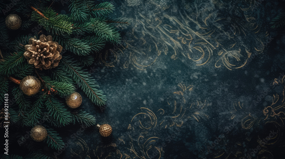 Aufkleber christmas background with fir tree and decor. top view with copy space.