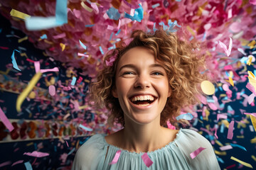 A joyful carnival-goer covered in confetti and streamers, love and creativity with copy space