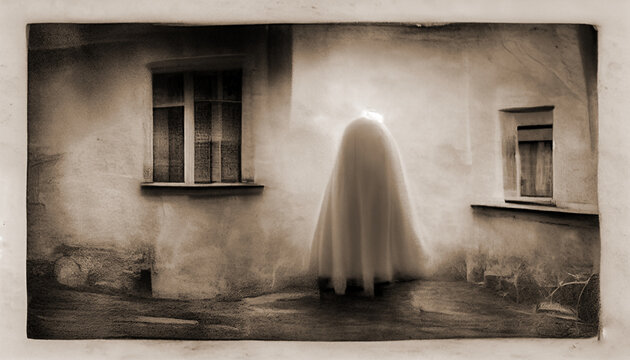 Vintage capture of haunting and ethereal scene, with a white ghostly figure hovering in the foreground. The black and white image is grainy and slightly faded