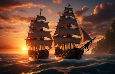 Pirate ship on a dramatic sunset voyage in open waters