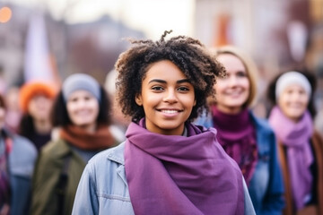 Women participating in a Women's History Month march or rally, love and creativity with copy space
