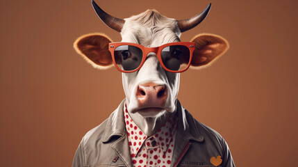 A studio portrait of a funky cow wearing a brown leather jacket, sunglasses, on a seamless orange solid colored background