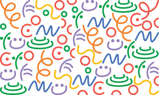 Abstract colorful line doodle seamless pattern background. Trendy seamless funny colorful background. Simple shape seamless pattern. Simple childish scribble background with basic shapes