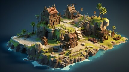 tiny cute isometric art image pirate house in the caribbean