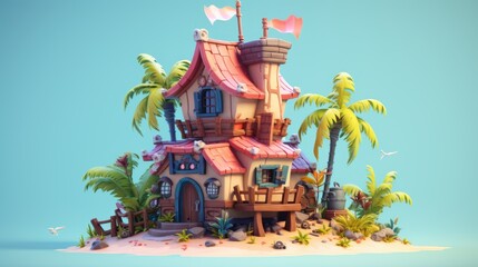 tiny cute isometric art image pirate house in the caribbean