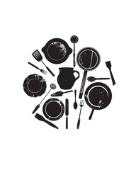 Vector illustration with black grunge utensils.  Kitchen objects  drawn in circle on white background.