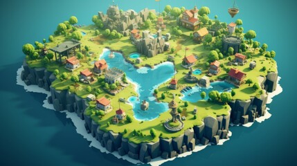 Isometric map of some tiny isle with houses on it in the carribean sea, video game concept art