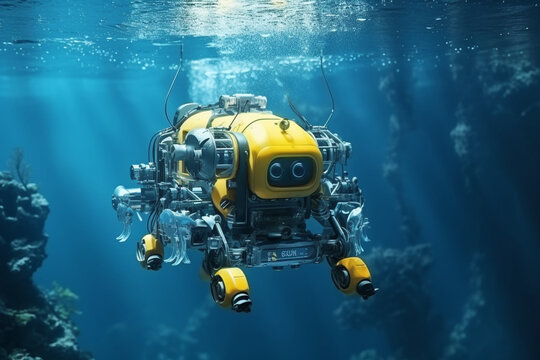 A robot exploring the depths of the ocean for scientific research, love and creativity with copy space