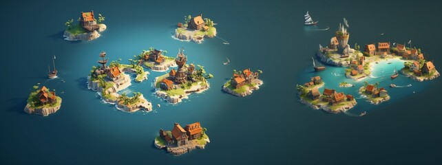 Isometric map of some tiny isles with houses on it in the carribean sea, video game concept art