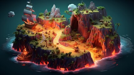 Tiny cute isometric pirate isle with hiding places and lava, in the style of caribbean - obrazy, fototapety, plakaty