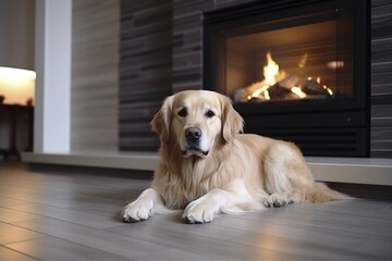 a cute dog on the floor near an electric stove