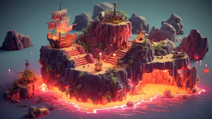 Badezimmer Foto Rückwand Tiny cute isometric pirate isle with hiding places and lava, in the style of caribbean © medienvirus