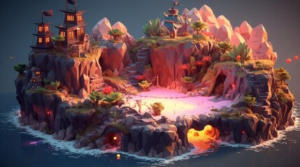 Tiny cute isometric pirate isle with hiding places and lava, in the style of caribbean