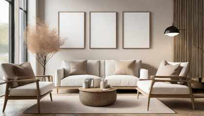 three empty vertical picture frames in a modern living room with white sofa and beige pillows japandi interior wall art mockup - obrazy, fototapety, plakaty