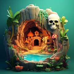 Tiny cute isometric pirate cave in the style of caribbean with skulls as a warning