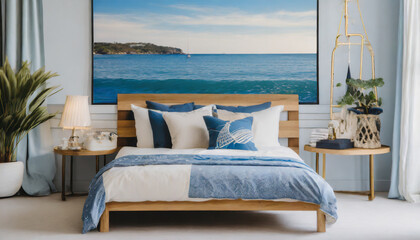 modern nautical bedroom interior wooden double bed with pillows abstract light blue sea landscape wall art on a white wall