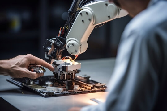 A high-speed robotic arm assembling electronics with precision, love and creativity with copy space