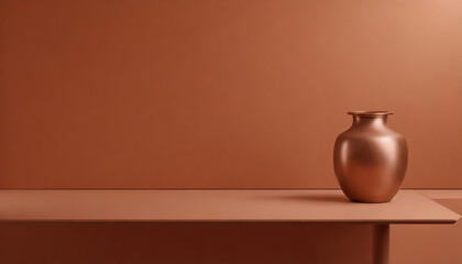 minimalist terracotta background monochrome empty table with cooper vase wall scene mockup product for showcase promotion background