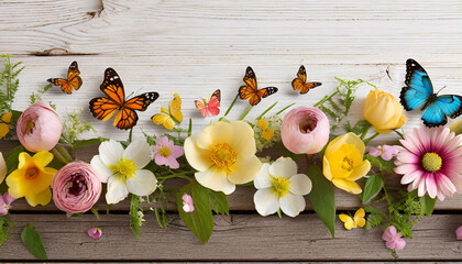 border with flowers and butterflies on plank on white background generative ai