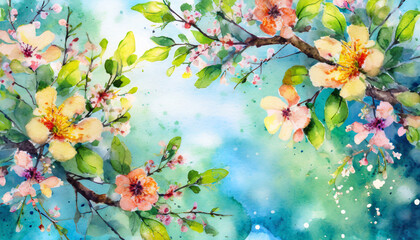spring watercolor background with flowers on tree branches generative ai