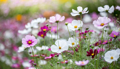 Fototapeta premium beautiful field of colorful cosmos flower in a meadow in nature in the rays of sunlight in summer in the spring close up of a macro a picturesque colorful artistic image with a soft focus