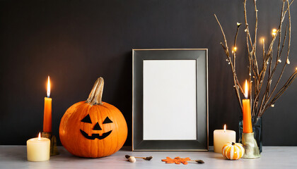an empty vertical frame for mockup stands on the table near the jack o lantern pumpkin and candles black wall background halloween decor - Powered by Adobe