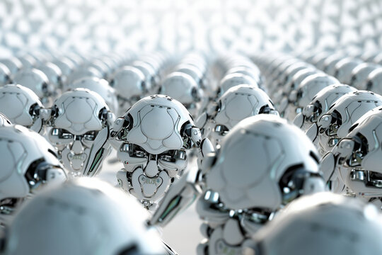 A robotic swarm working together on a complex task, showcasing teamwork and coordination, love and creativity with copy space