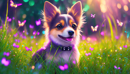 Generative Ai Cute Dog play with butterfly grass background bokeh effect
