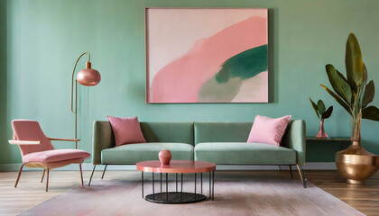 modern mid century interior with blush pink and sage green wall art in textured abstract style cozy furniture mint color sofa and white wall generative ai