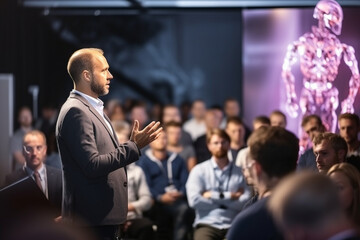 A researcher presenting the latest breakthroughs in AI and robotics at a conference, love and creativity with copy space