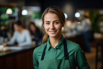 Smiling, young and attractive saleswoman, cashier serving customers with blurred shop in the back, with empty copy space