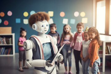 Fototapeta premium A robot interacting with children in an educational setting, sparking curiosity and innovation, love and creativity with copy space