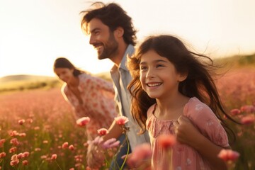 Portrait of girl and her family happy in the countryside at sunset, family concept, father's day concept, mother's day concept - obrazy, fototapety, plakaty