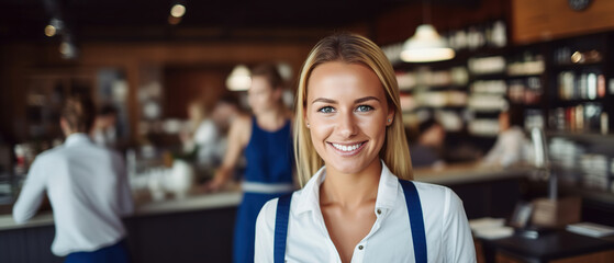 Smiling, young and attractive saleswoman, cashier serving customers with blurred shop in the back, with empty copy space
