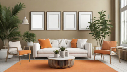 four empty vertical picture frames in a modern living room with white sofa orange pillows and plants wall art mockup set of 4 posters