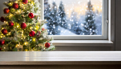 Fototapeta na wymiar table space in front of defocused window sill with christmas tree