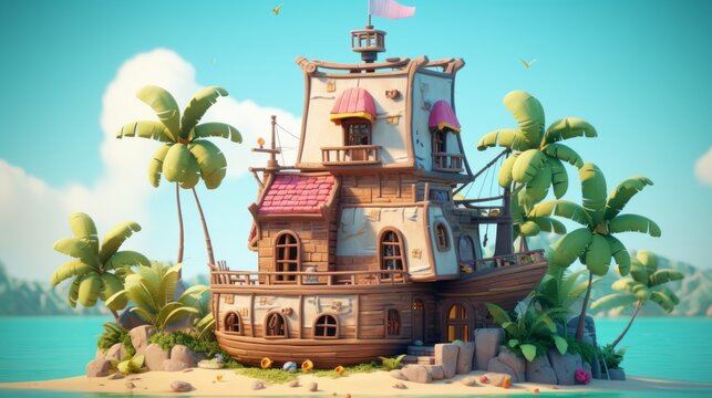 tiny cute isometric art image pirate house in the caribbean