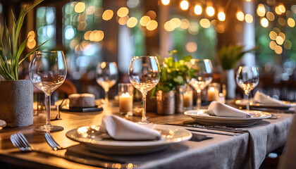 served dinner table in a restaurant restaurant interior cozy restaurant table setting blurred background generative ai