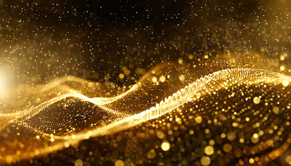 digital gold particles wave and light abstract background with shining dots stars