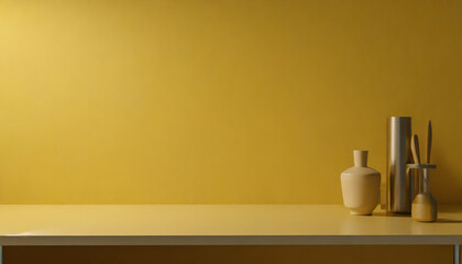 textured mustard yellow wall copy space monochrome empty wall in kitchen with minimalist table wall scene mockup product for showcase promotion background