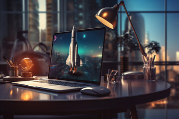 a modern desk with a sleek laptop and office supplies. on the laptop a rocket takes off out of the screen. cinematic light - obrazy, fototapety, plakaty