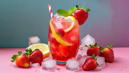 bright strawberry lemonade with ice cubes on a pink background created with the help of artificial intelligence