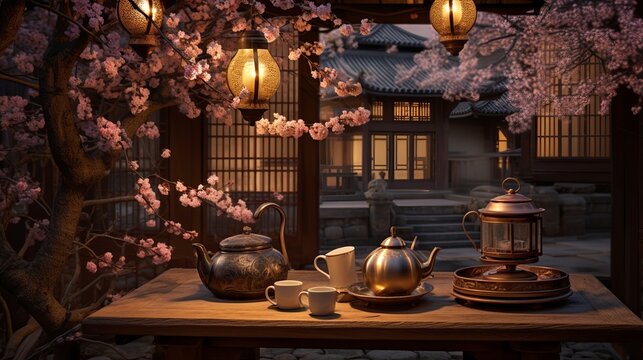 tea sets with lantern on wooden table with flowers, in the style of japanese influence, enchanting lighting